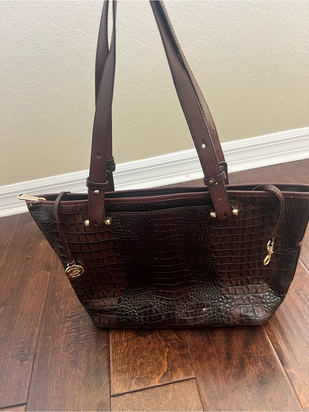 Brahmin Dark Brown Croc-Embossed Leather Tote Bag